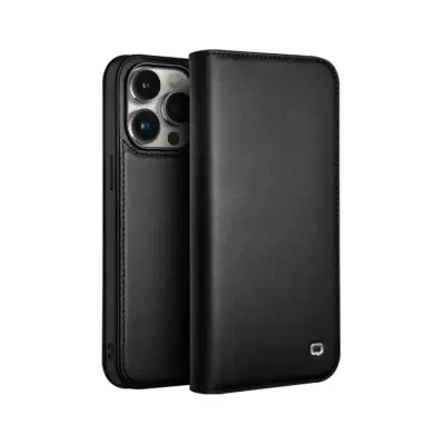 QIALINO iPhone 15 Pro Max Plånboksfodral Äkta läder - Svart
