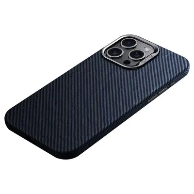 SULADA iPhone 15 Pro Max Skal Metallram Läder TPU - Blå