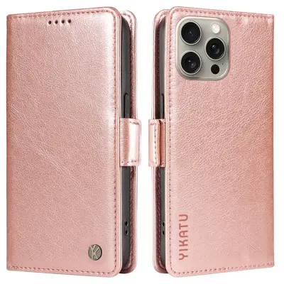 YIKATU iPhone 15 Pro Max Konstläder Plånboksfodral Litchi Texture - Roséguld
