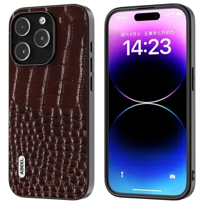 ABEEL iPhone 15 Pro Mobilskal Äkta Läder Krokodilstruktur - Brun