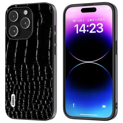 ABEEL iPhone 15 Pro Mobilskal Krokodiltextur Äkta Läder Svart