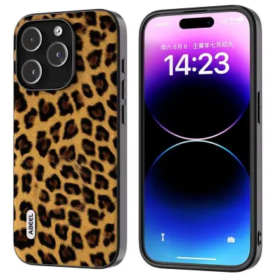ABEEL iPhone 15 Pro Mobilskal Leopardmönster PU Läder + TPU + PC Guld