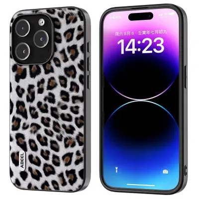 ABEEL iPhone 15 Pro Mobilskal Leopardmönster PU Läder TPU PC Silver
