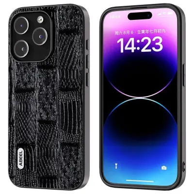 ABEEL iPhone 15 Pro Mobilskal Mahjong Textur Svart Äkta läder