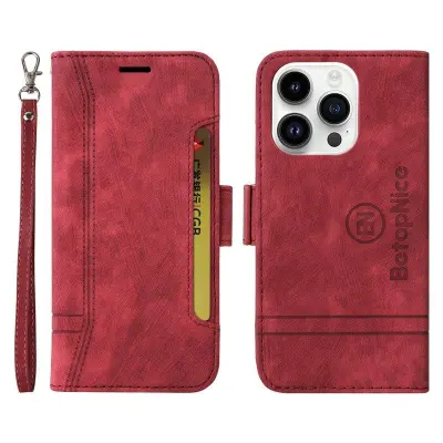 BETOPNICE 001 iPhone 15 Pro Plånboksfodral Multifunktionellt Konstläder - Röd