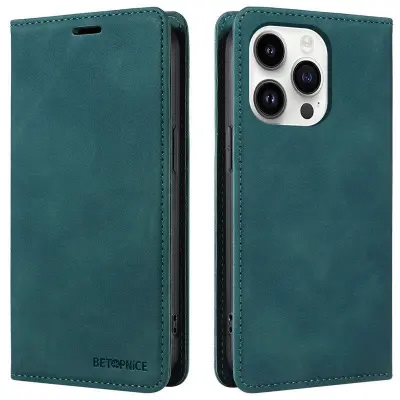 BETOPNICE 003 iPhone 15 Pro Plånboksfodral Konstläder - Grön