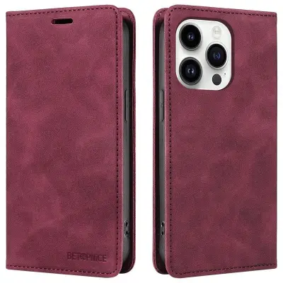 BETOPNICE 003 iPhone 15 Pro Plånboksfodral Konstläder - Röd