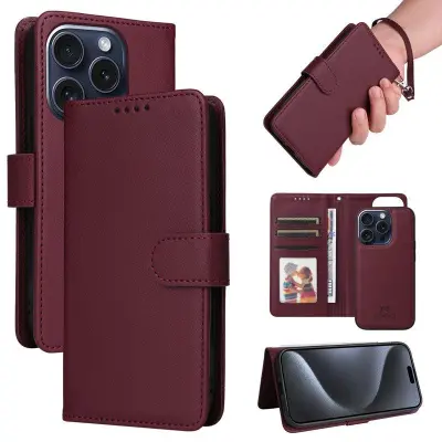 BETOPNICE iPhone 15 Pro Plånboksfodral - Avtagbart Konstläder - Vinröd