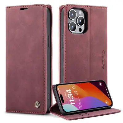 CASEME 013 iPhone 15 Pro KonstläderPlånboksfodral Ställ - Röd