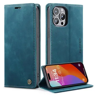 CASEME 013 iPhone 15 Pro Läderplånboksfodral Ställ Blå