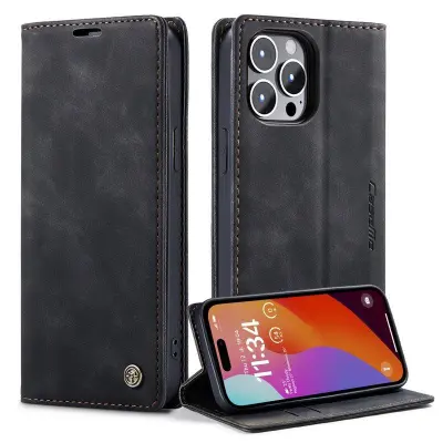 CASEME 013 iPhone 15 Pro Konstläderplånboksfodral Svart