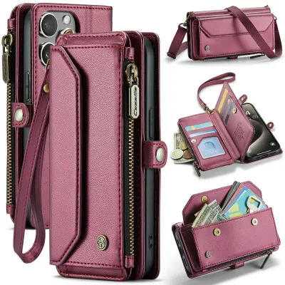 CASEME Plånboksfodral Konstläder till iPhone 15 Pro - Vinröd