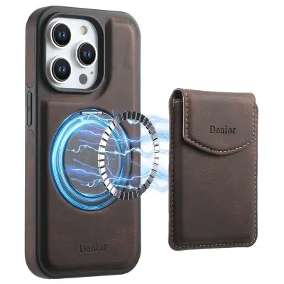 DENIOR D20 iPhone 15 Pro Fodral Avtagbar Kortväska Läder+PC+TPU Brun