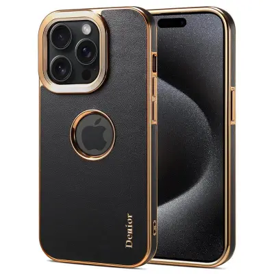 DENIOR iPhone 15 Pro Mobilskal Anti-drop PC+TPU Äkta Läder Svart