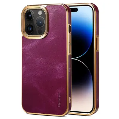 DENIOR iPhone 15 Pro Skal Äkta Läder + PC + TPU - Lila