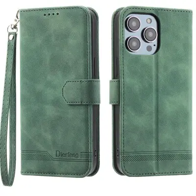 DIERFENG DF-03 Plånboksfodral för iPhone 15 Pro - Konstläder - Grön