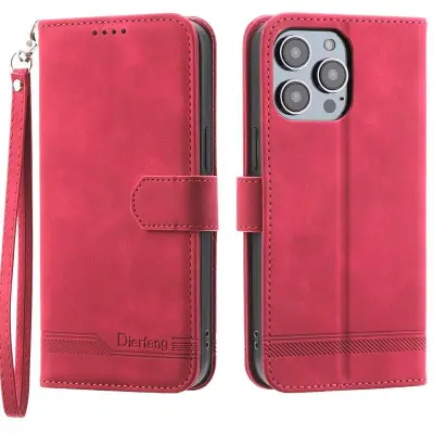 DIERFENG DF-03 Plånboksfodral för iPhone 15 Pro - Konstläder - Röd