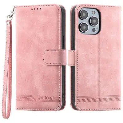 DIERFENG DF-03 Plånboksfodral för iPhone 15 Pro - Konstläder - Rosa