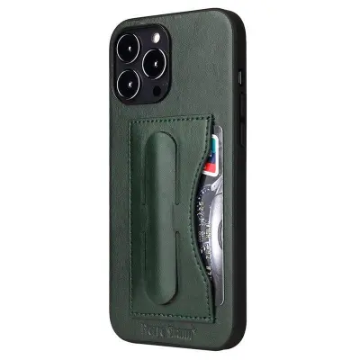 FIERRE SHANN för iPhone 15 Pro Kickstand Fodral KonstLäder - Grön