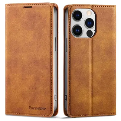 FORWENW iPhone 15 Pro Plånboksfodral i Konstläder - Brun