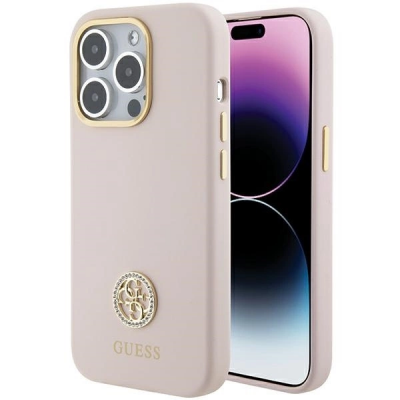 Guess iPhone 15 Pro Mobilskal Silikon Logo Strass 4G - Rosa