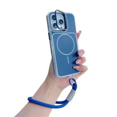 iPhone 15 Pro Mobilskal MagSafe Lens Kickstand med Handrem - Blå (Blå)