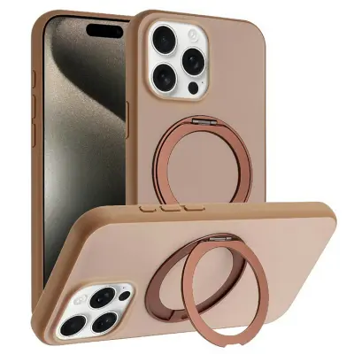 iPhone 15 Pro Mobilskal MagSafe Rotary Kickstand Skin Touch - Guld (Ökenguld)