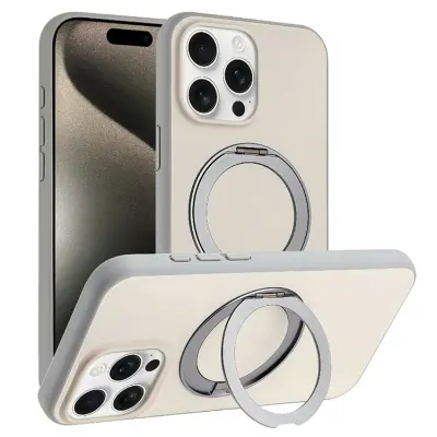 iPhone 15 Pro Mobilskal MagSafe Rotary Kickstand Skin Touch - Grå (Grå)