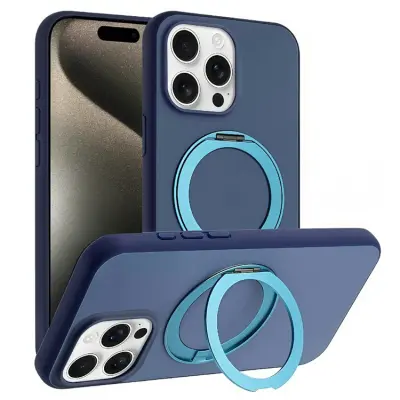 iPhone 15 Pro Mobilskal MagSafe Rotary Kickstand Skin Touch - Blå (Mörkblå)