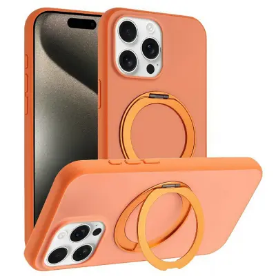 iPhone 15 Pro Mobilskal MagSafe Rotary Kickstand Skin Touch - Orange (Orange)