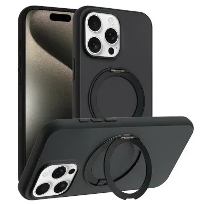 iPhone 15 Pro Mobilskal MagSafe Rotary Kickstand Skin Touch (Svart)
