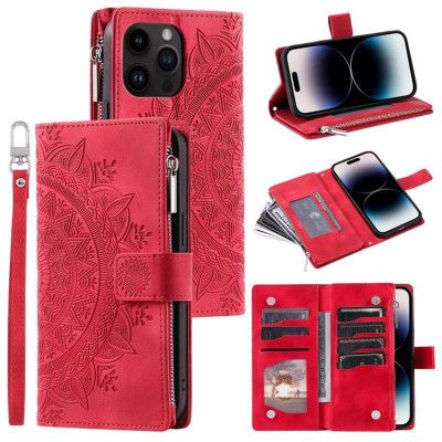 iPhone 15 Pro Plånboksfodral Mandala Flower Imprinted - Röd