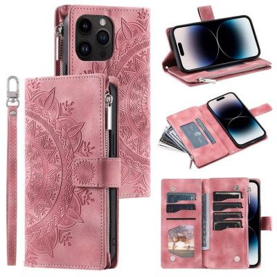 iPhone 15 Pro Plånboksfodral Mandala Flower Imprinted - Rosa Guld