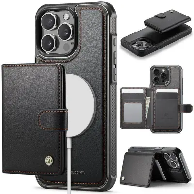 JEEHOOD J09 iPhone 15 Pro Skal RFID Låsfunktion Läder Svart