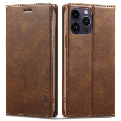 LC.IMEEKE iPhone 15 Pro Plånboksfodral Ställ Konstläder - Brun