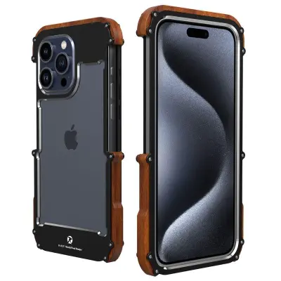 R-JUST iPhone 15 Pro Mobilskal i Trä + Aluminium Bumper Svart