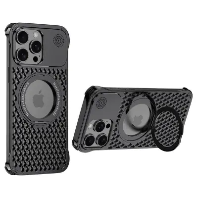 R-JUST RJ64 iPhone 15 Pro Mobilskal Aluminium Svart med Ställ