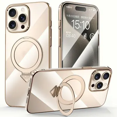 SULADA iPhone 15 Pro Mobilskal MagSafe Kickstand Klar PC Guld