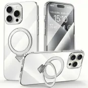SULADA Mobilskal till iPhone 15 Pro MagSafe Kickstand Klar PC Silver