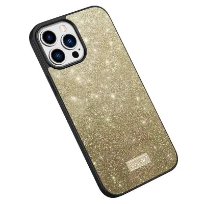 SULADA iPhone 15 Pro Skal PU Läder Coated PC + TPU Glittrig Guld
