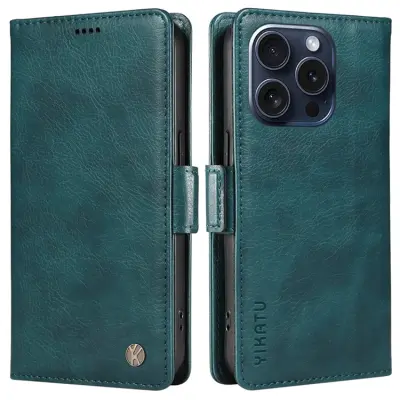 YIKATU iPhone 15 Pro Konstläder Plånboksfodral Litchi Texture - Blå