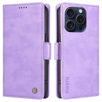 YIKATU iPhone 15 Pro Konstläder Plånboksfodral Litchi Texture - Lila