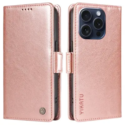 YIKATU iPhone 15 Pro Konstläder Plånboksfodral Litchi Texture - Roséguld