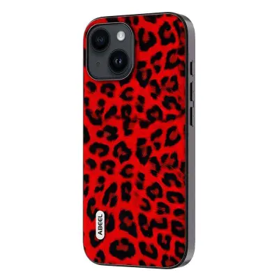 ABEEL iPhone 15 Fodral Leopard Textur KonstLäder Röd