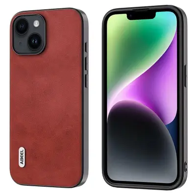 ABEEL iPhone 15 Fodral KonstLäder TPU PC Röd Cowhide Textur
