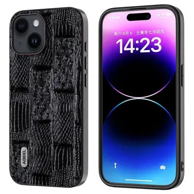 ABEEL iPhone 15 Plånboksfodral Shockproof Mahjong Textur Svart