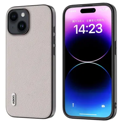 ABEEL iPhone 15 Mobilskal Stöttåligt Äkta Läder Grå