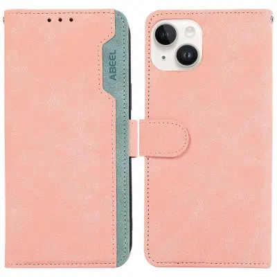 ABEEL iPhone 15 Mobilskal RFID-Skydd Ställ KonstLäder - Rosa