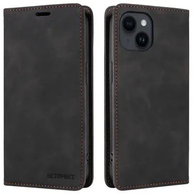 BETOPNICE 003 iPhone 15 Plånboksfodral Konstläder - Svart