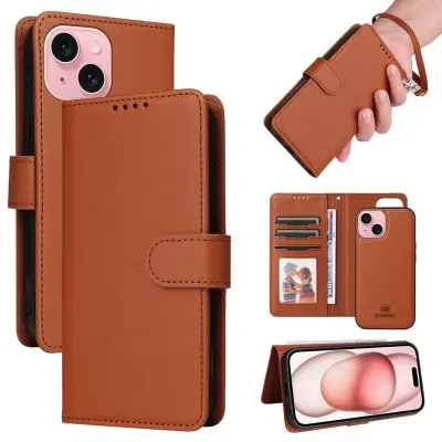 BETOPNICE iPhone 15 Plånboksfodral Magnetiskt Avtagbart Konstläder - Brun